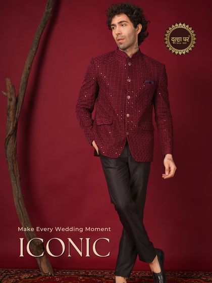 Make every wedding moment iconic. A full-length view of the maroon sequined Bandhgala, showcasing its bold color and confident silhouette.