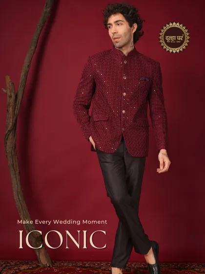 Make every wedding moment iconic. A full-length view of the maroon sequined Bandhgala, showcasing its bold color and confident silhouette.
