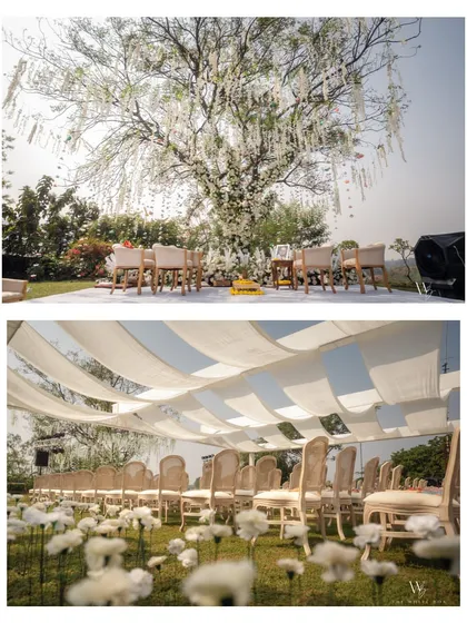 This collage showcases the understated elegance of a minimalist, pastel-hued farmhouse wedding. The focus is on natural beauty, soft colors, and the intimate moments of the ceremony.
