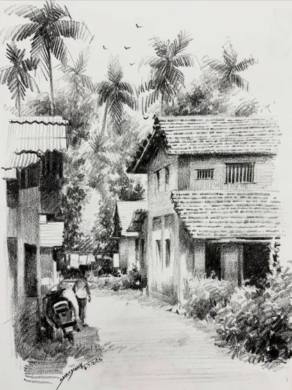 A detailed pencil landscape of a village in Kerala. I focused on the texture of the tiled roofs and the lush foliage of the palm trees to create a realistic and immersive scene.
