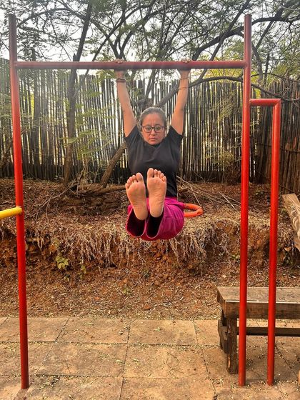 Inching towards being stronger with every practice. Here I am working on my grip and core strength with an L-sit hang.