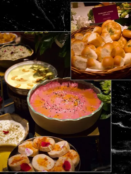 This collage emphasizes the colorful and flavorful dips that anchor my grazing tables. From bright pink beetroot hummus to creamy yogurt dips, each is made in-house to complement the selection of breads and canapés.