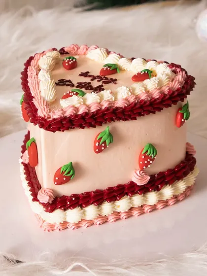 A vintage-style heart-shaped cake with a strawberry theme. The delicate piping and cute fondant strawberries make this a sweet and charming holiday dessert.