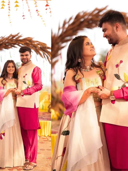 A beautiful portrait of the couple in front of the rustic-themed Haldi stage I designed.