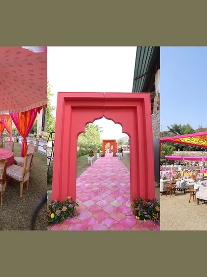 A collage of a vibrant Rajasthani mela-themed Mehendi, with a colorful entrance arch, printed carpets, and tented seating areas.
