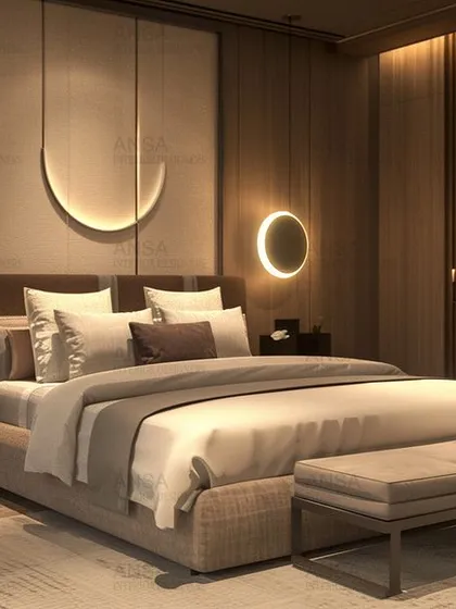 This bedroom design is a perfect balance of comfort and style. I used soft, layered lighting, rich wood textures, and a neutral color palette to create a calm and relaxing commercial space that feels like a luxury retreat.