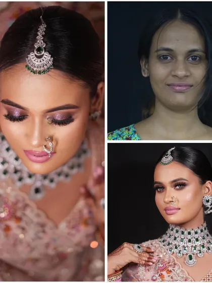 A collage showcasing the dramatic before-and-after of a bridal makeover. Our curriculum is designed to teach students how to enhance features and create a stunning final look for their portfolio.