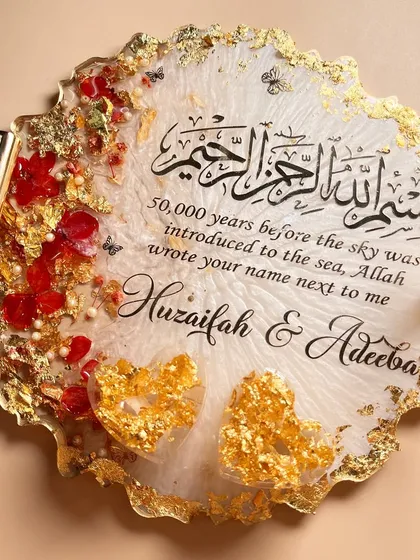 The full view of the handled ring tray, showing the elegant design and personalization.