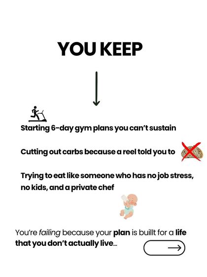 An infographic showing the common mistakes people make, like starting unsustainable 6-day gym plans or cutting out carbs completely.