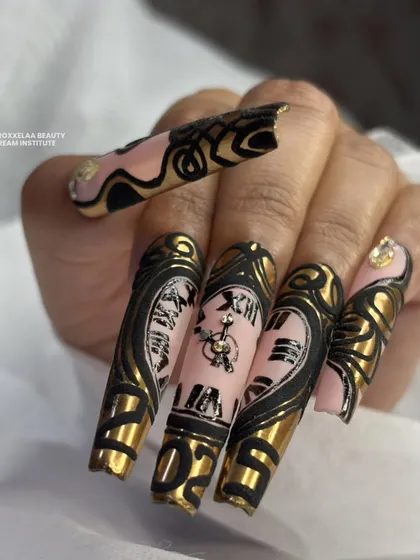This angle shows the full set of the clock nails, demonstrating the baroque-style gold framing I painted around each "timepiece."
