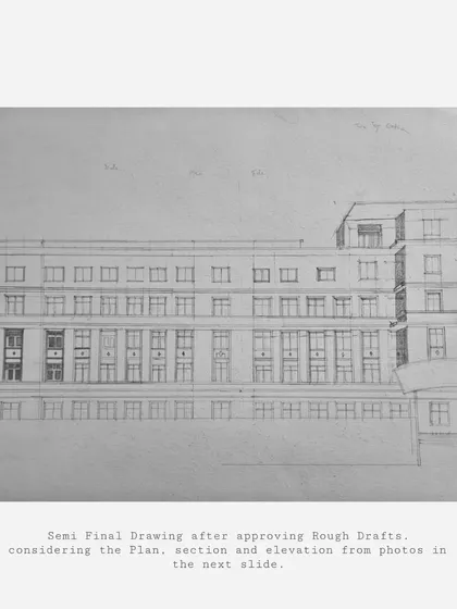 The semi-final line drawing for the school, showing the technical planning involved in architectural sketches.