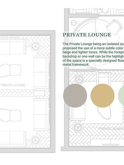 A floor plan and color palette for the Private Lounge in 'The Reserved Lounges'. This drawing outlines the more subtle and neutral material choices for this exclusive, isolated space.