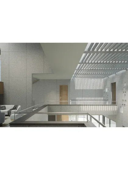 An interior render for the 'House on Water' project, focusing on the play of light from a slatted ceiling and the connection between different levels.