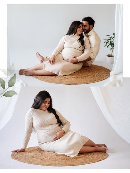 A collage showing both a solo portrait and a couple's pose, highlighting the versatility of our minimalist, neutral-toned sessions.