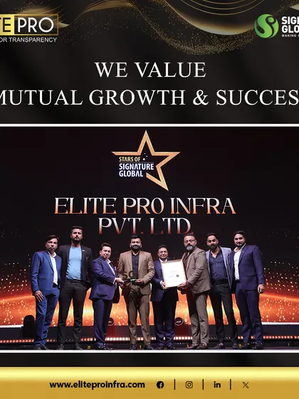 On stage receiving the 'Star of Signature Global' award. Being recognized as a Top Performing Channel Partner by Signature Global reflects our mutual commitment to growth and success.