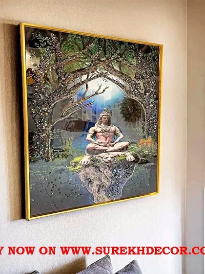 This serene crystal painting depicts Lord Shiva in meditation. The detailed artwork, measuring 24x36 inches, creates a tranquil and powerful atmosphere, perfect for a meditation space or living room.
