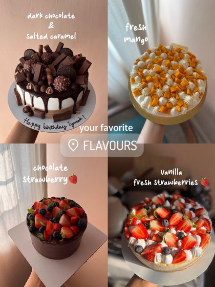 A collage of my customers' favorite flavors. It includes a chocolate overload cake, a fresh mango cake, a chocolate strawberry cake, and a vanilla cake with fresh strawberries.