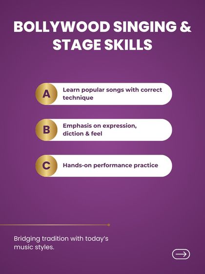 The final step in our training process is applying your skills to Bollywood songs and stage performance. Here, we work on expression, diction, and hands-on practice to help you master popular songs with the correct technique.