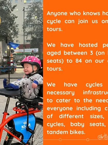 Answering one of our most frequently asked questions: Who can join? Anyone who knows how to cycle. We have hosted people from 3 to 84 and provide bikes of all sizes, kids' cycles, baby seats, and tandem bikes.