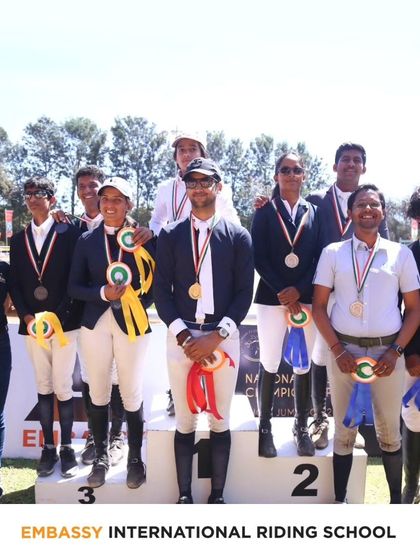 Another shot of the winning teams on the podium at the NEC Show Jumping Grade III event. Team success is just as important as individual achievement.