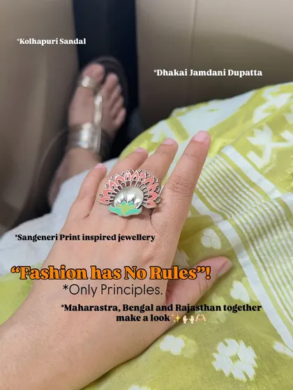 Fashion has no rules, only principles! This look is a story in itself, bringing together a Kolhapuri sandal from Maharashtra, a Dhakai Jamdani from Bengal, and Sanganeri print-inspired jewellery from Rajasthan.