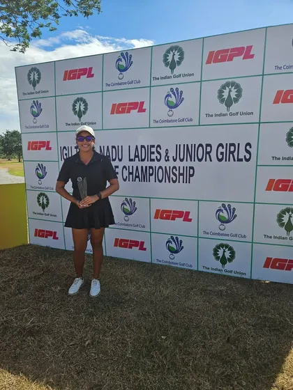 Alysha Dutt stands with her trophy after winning Category A at the IGU Tamil Nadu Ladies & Junior Girls Golf Championship in Coimbatore.