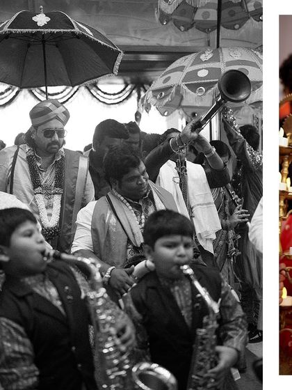 A black and white collage capturing the grandeur of the bridal procession, complete with musicians and traditional umbrellas.