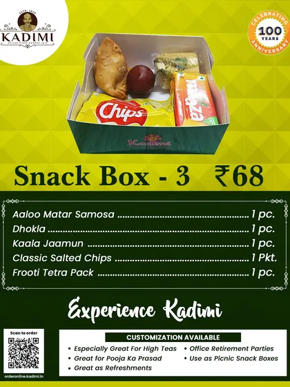 Snack Box 3 is a great mix of savoury and sweet, with an Aloo Matar Samosa, Dhokla, Kaala Jaamun, chips, and a drink.