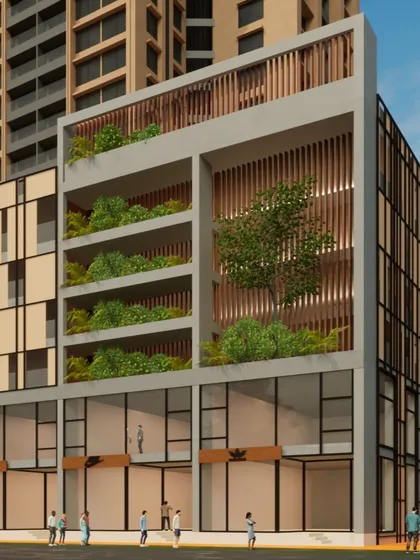 A detail of the podium for our Inspira Realty project in Borivali, showcasing the integration of green, open-air levels. The undulating facade and use of planters harmonize the structure with nature, even in a dense urban context.