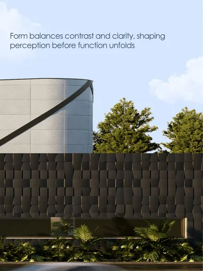 This structure balances contrast and clarity. The darker masonry expresses solidity while lighter planes float above, establishing a deliberate grounding. This layered composition tempers bold geometry with horizontal calm.