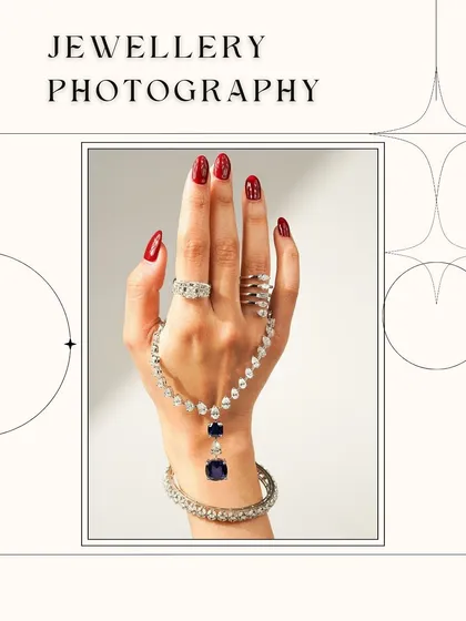 A promotional graphic for our jewellery photography services. It features a hand model showcasing a stunning diamond necklace and rings, representing the high-end quality of our work.