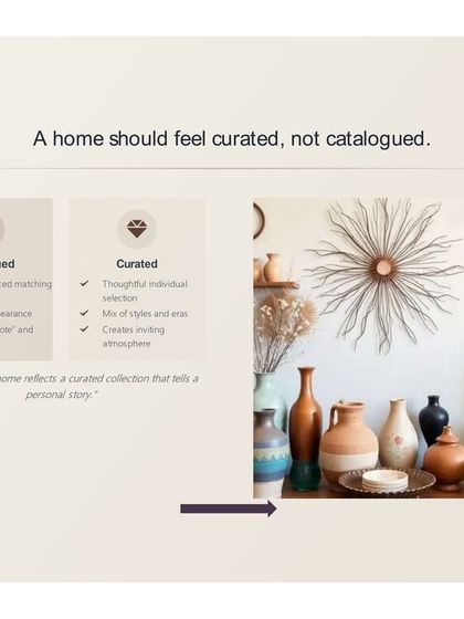 A home should feel curated, not catalogued. This graphic explains the difference between mass-produced matching sets and a thoughtfully selected mix of styles and textures that creates a personal and inviting atmosphere.