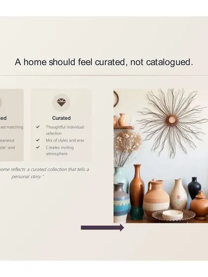 A home should feel curated, not catalogued. This graphic explains the difference between mass-produced matching sets and a thoughtfully selected mix of styles and textures that creates a personal and inviting atmosphere.
