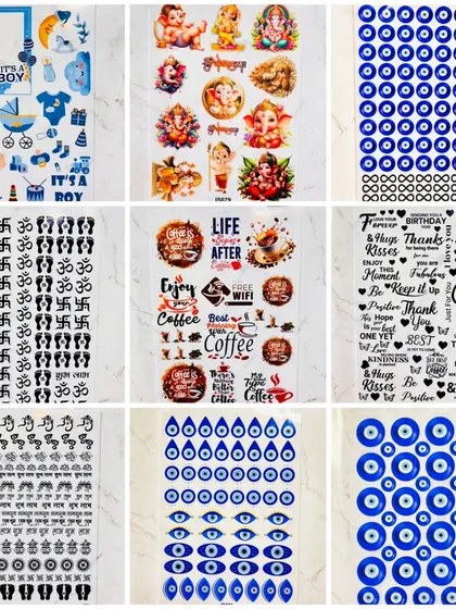 We have a wide variety of sticker and insert sheets for every theme. This collection includes designs for baby announcements, coffee lovers, and spiritual symbols.