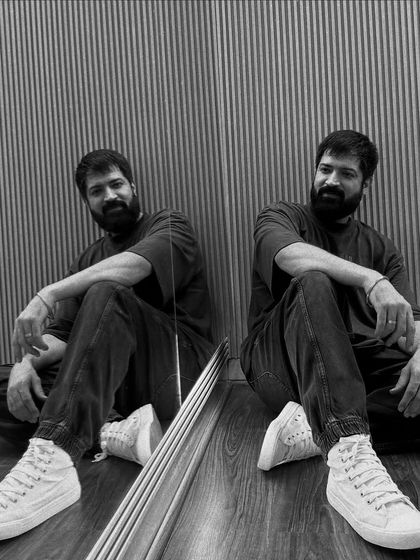 The black and white version of my self-reflection shot, adding a different mood and intensity.