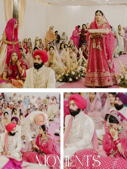 Documenting the profound traditions of an Anand Karaj ceremony. This collage captures the bride's graceful entrance and the emotional, tearful moments of the ritual, preserving the cultural significance of the day.