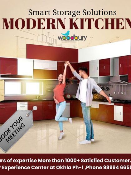 A modern kitchen concept in a bold red and white combination. This L-shaped layout is efficient and stylish, with plenty of storage.