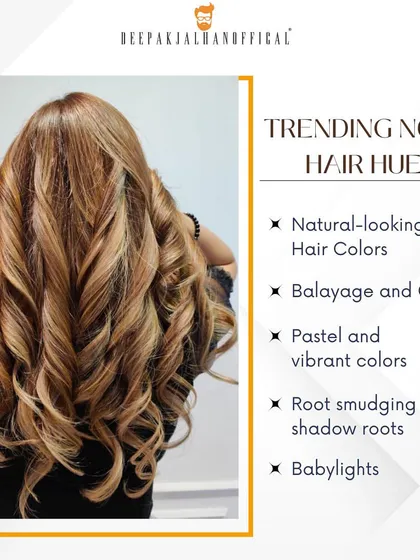 This infographic highlights trending hair hues, including natural-looking colors, balayage, ombre, and babylights.