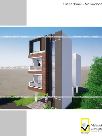A side view of the 3BHK house on a 17x28 feet plot in Roha. This shows how we use a combination of wood-finish panels and grey texture to create a sleek, modern look.