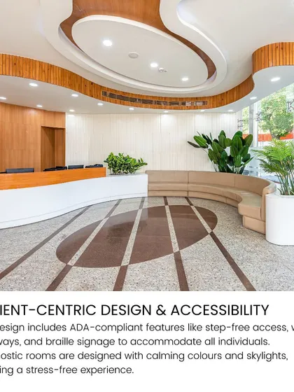 The reception at the Northern Railway Diagnostic Center features ADA-compliant design, including a step-free entrance and curved, accessible counters. Biophilic elements and calming colors ensure a stress-free experience for all individuals.