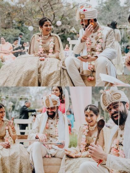 The couple sharing a laugh during the wedding games, a fun and lighthearted part of their garden wedding.