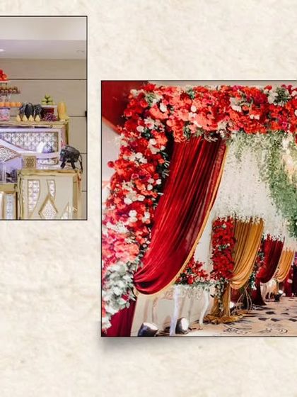 A complete look at the reception setup. The grand, draped entrance tunnel led to an elegantly arranged hall with coordinated table settings and a lavishly decorated buffet counter, ensuring a cohesive and luxurious guest experience.