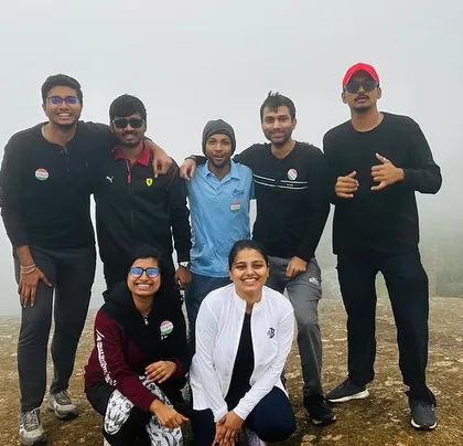 Another happy group from our Skandagiri trek, enjoying the cool and misty weather at the peak.