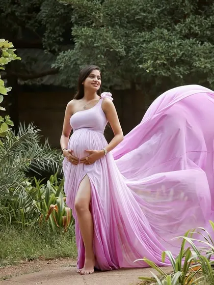 A fairytale moment in nature. The vibrant pink of this flowing gown creates a beautiful contrast with the lush greenery of the park, making for a magical outdoor portrait.