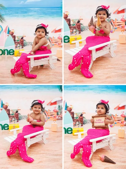 A collage showcasing the adorable mermaid-at-the-beach theme, with a baby girl in a pink mermaid tail.