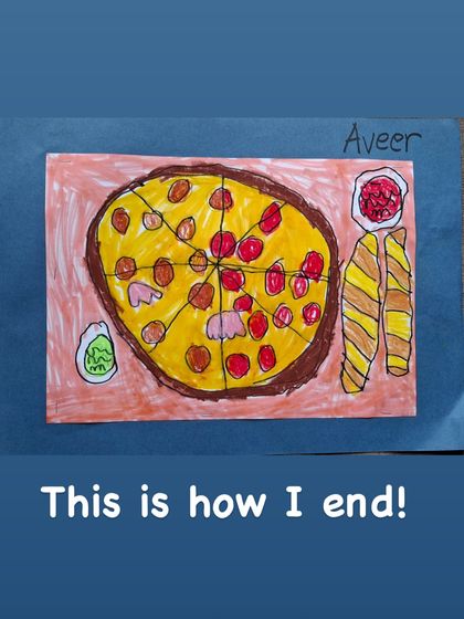 The finished pizza, complete with garlic bread and dips. The student has successfully assembled all the elements into a delicious-looking composition.