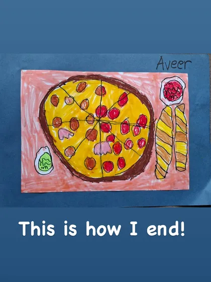 The finished pizza, complete with garlic bread and dips. The student has successfully assembled all the elements into a delicious-looking composition.