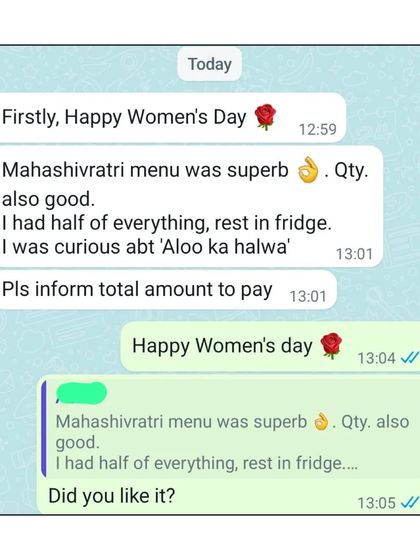 A sweet and encouraging message from a client on Women's Day, appreciating the Mahashivratri special menu.