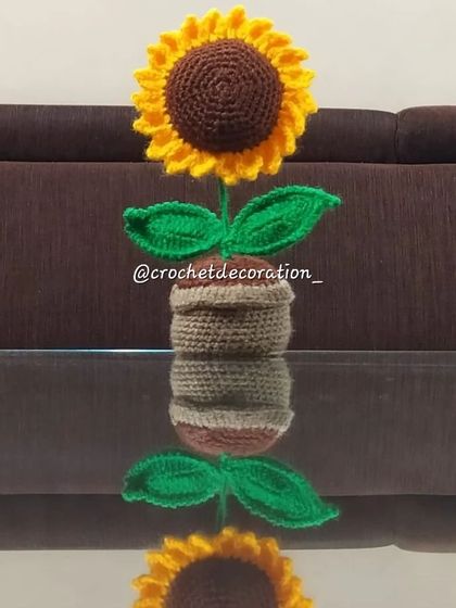 A larger potted sunflower reflected on a glass table, showing its impressive size and detail.