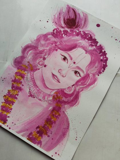 The final watercolor portrait of Lord Krishna, adorned with a peacock feather and a garland. The splattered paint effect adds a dynamic and modern energy to this devotional artwork, making it a unique piece of spiritual art.